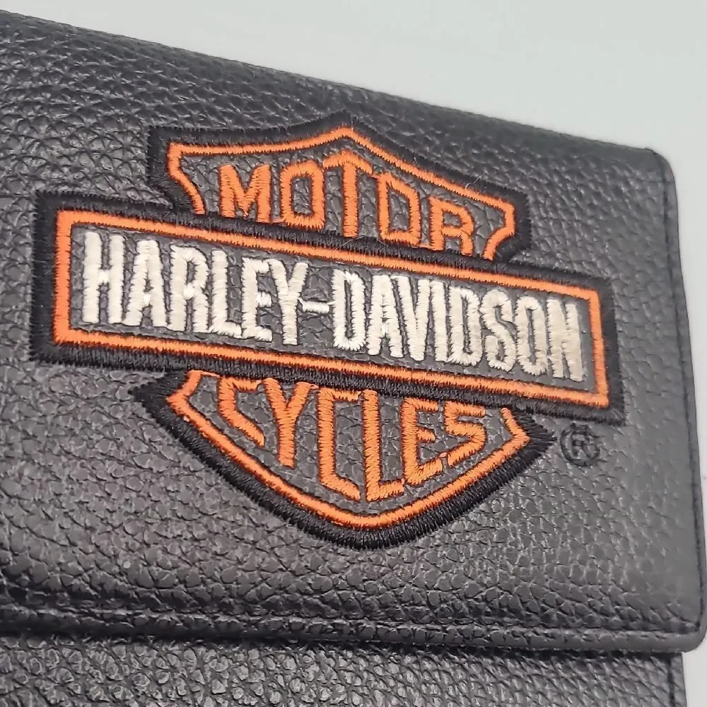 Harley Davidson Vintage Classic Embroidered Logo Trifold Wallet | Black